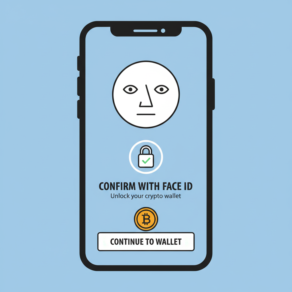 smartphone screen with Face ID biometric authentication prompt for crypto wallet