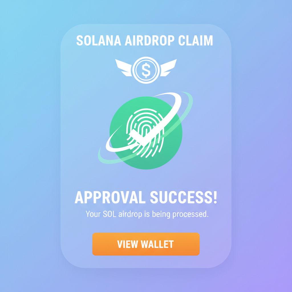 biometric approval screen claiming Solana airdrop, success animation