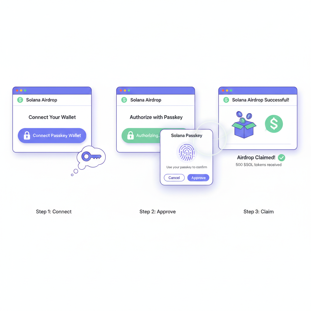 web dApp interface connecting to Solana passkey wallet for airdrop