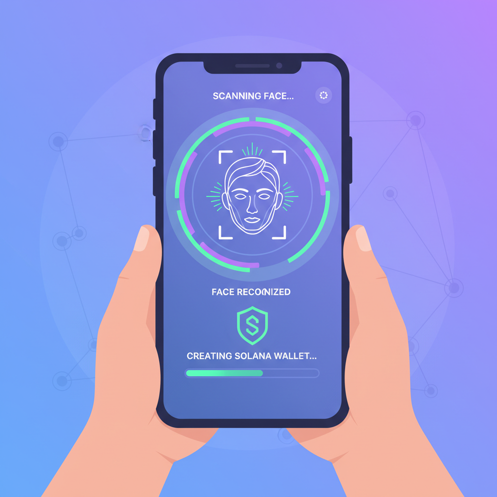 biometric face scan on phone creating Solana wallet, secure glowing interface