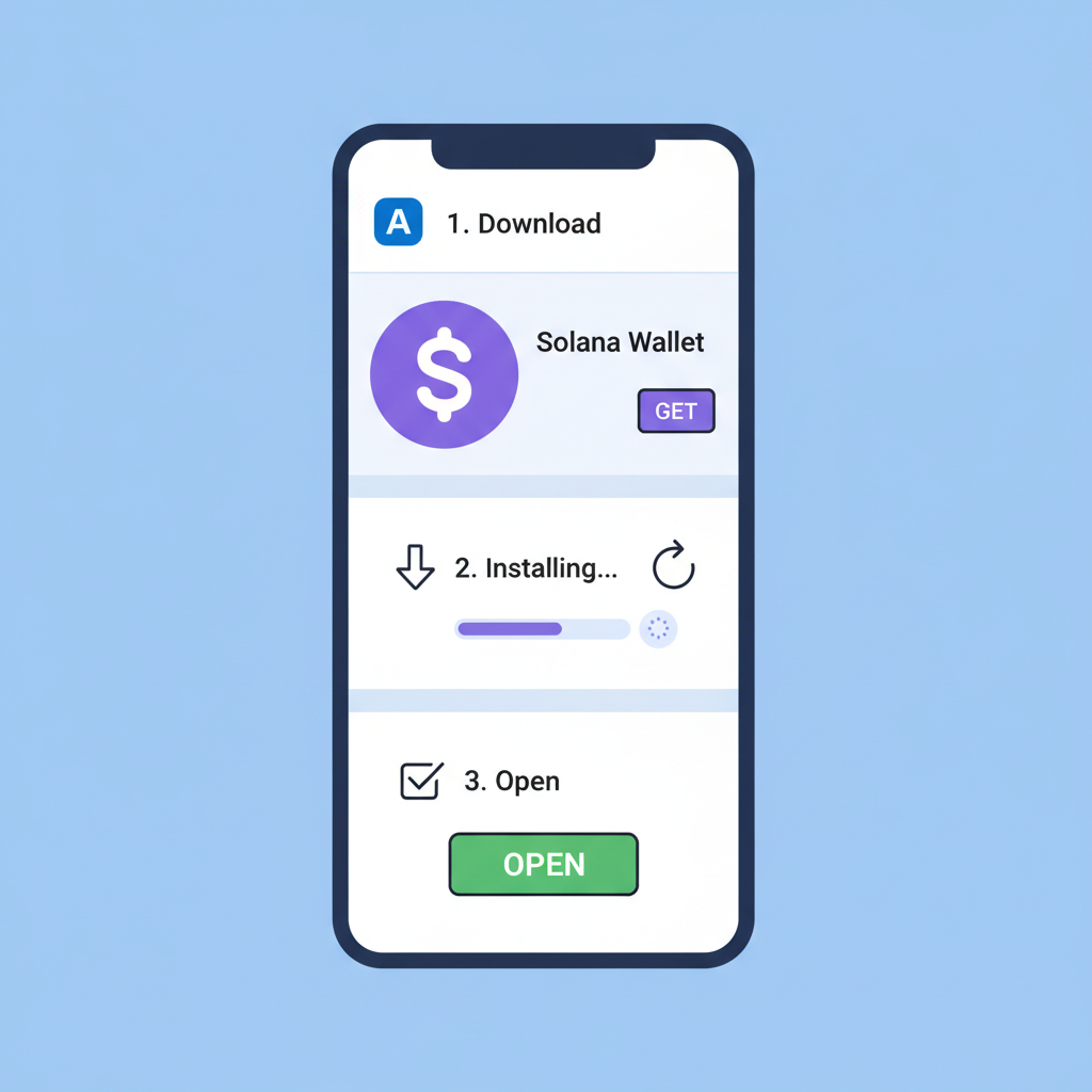 mobile app store download of Solana wallet, installation screen, simple icons
