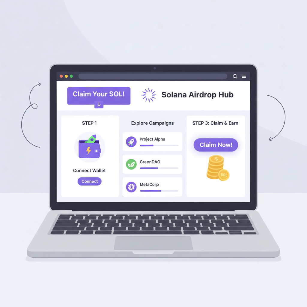 web browser on laptop showing Solana airdrop page, list of campaigns