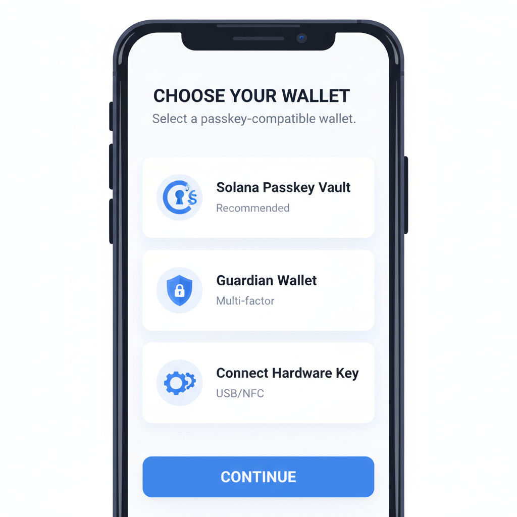 smartphone screen showing Solana passkey wallet app selection, clean UI, blue tones