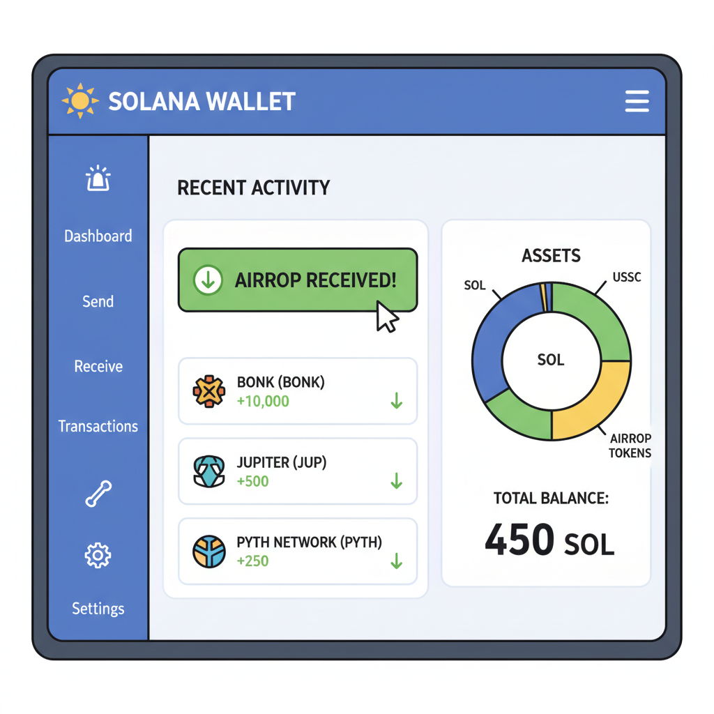 wallet dashboard displaying received Solana airdrop tokens