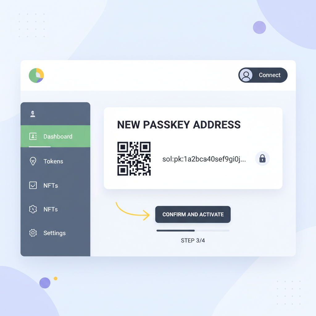 Solana wallet dashboard showing new passkey address, clean interface