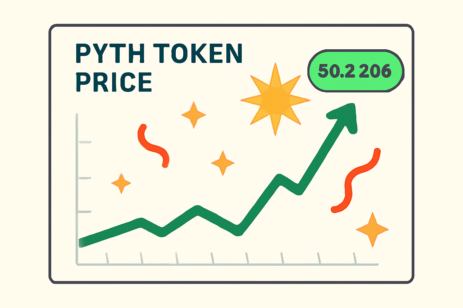 A digital chart showing the PYTH token price spiking, with celebratory graphics and the current price $0.2206 highlighted