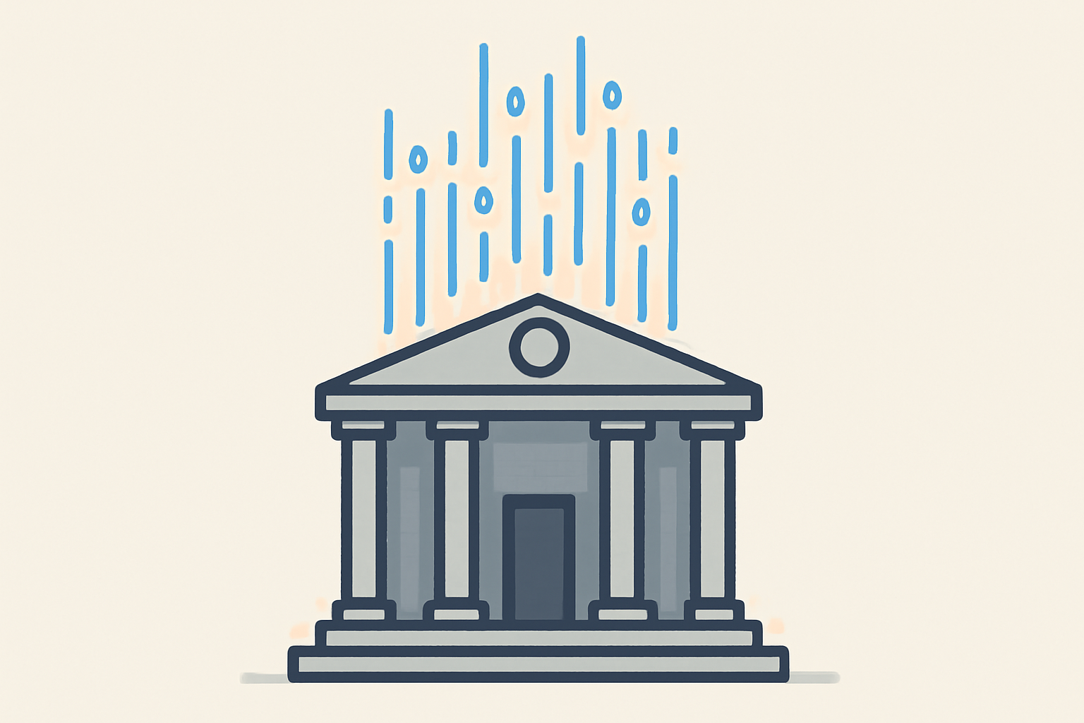 A government building with digital data streams emerging, symbolizing official economic data release