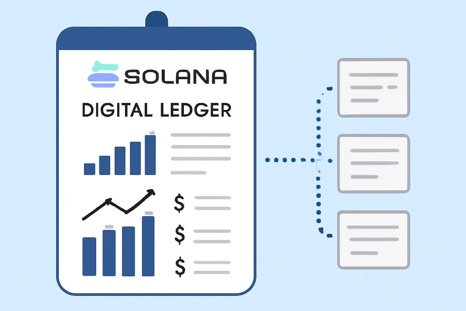A digital ledger on the Solana blockchain displaying economic data, with data blocks being added in real time