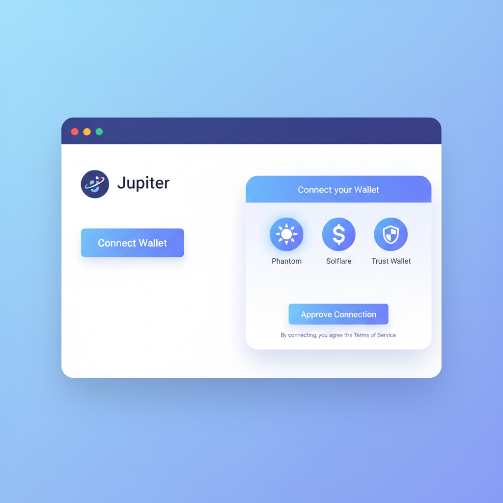 clean UI screenshot of Solana wallet connecting to DEX like Jupiter, modern crypto interface, blue tones