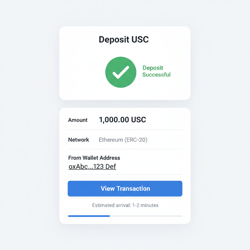 USDC deposit interface on crypto exchange, wallet transfer screen, green success checkmark