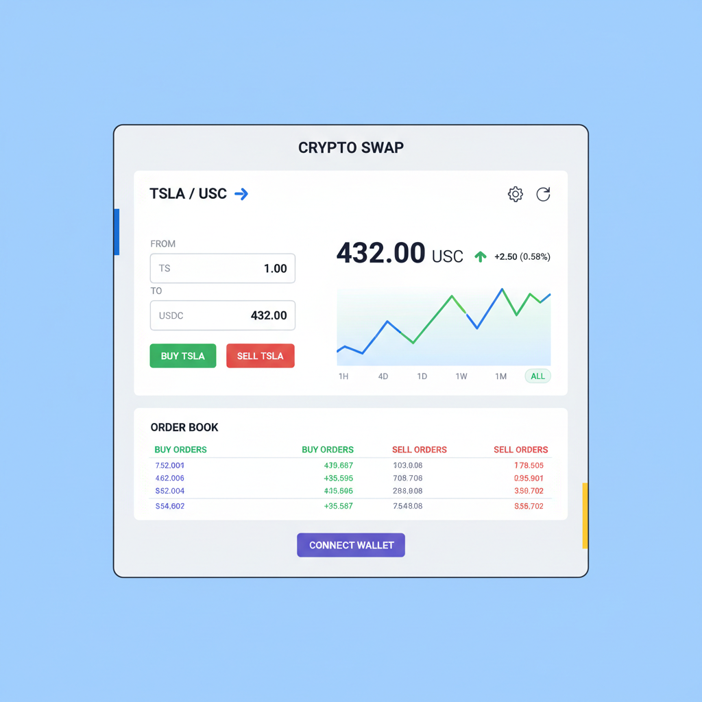 crypto swap interface TSLAx USDC pair at $432 price chart, Solana DEX style, precise trading screen
