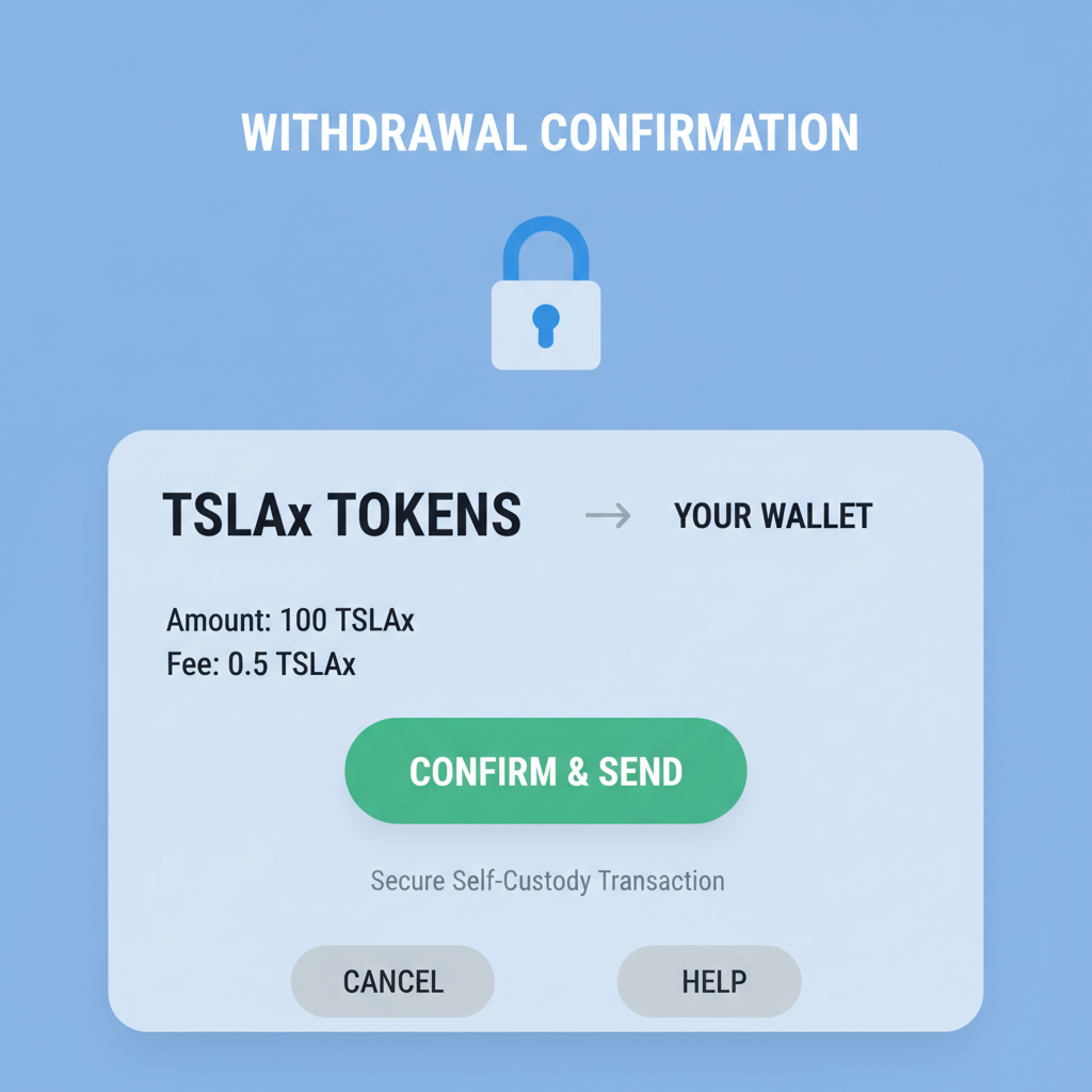 withdrawal confirmation screen TSLAx tokens to wallet, secure self-custody UI, padlock icon
