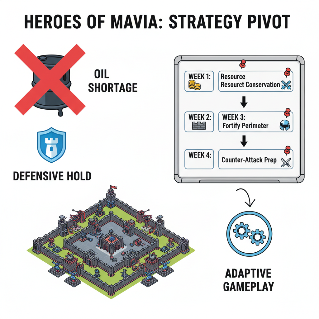 Heroes of Mavia strategy pivot, defensive base hold vs oil shortage, weekly tactic board, adaptive gameplay art