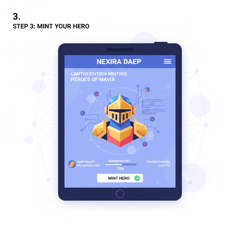 NFT minting screen on Nexira DAEP, limited edition Heroes of Mavia hero NFT generating, blockchain effects