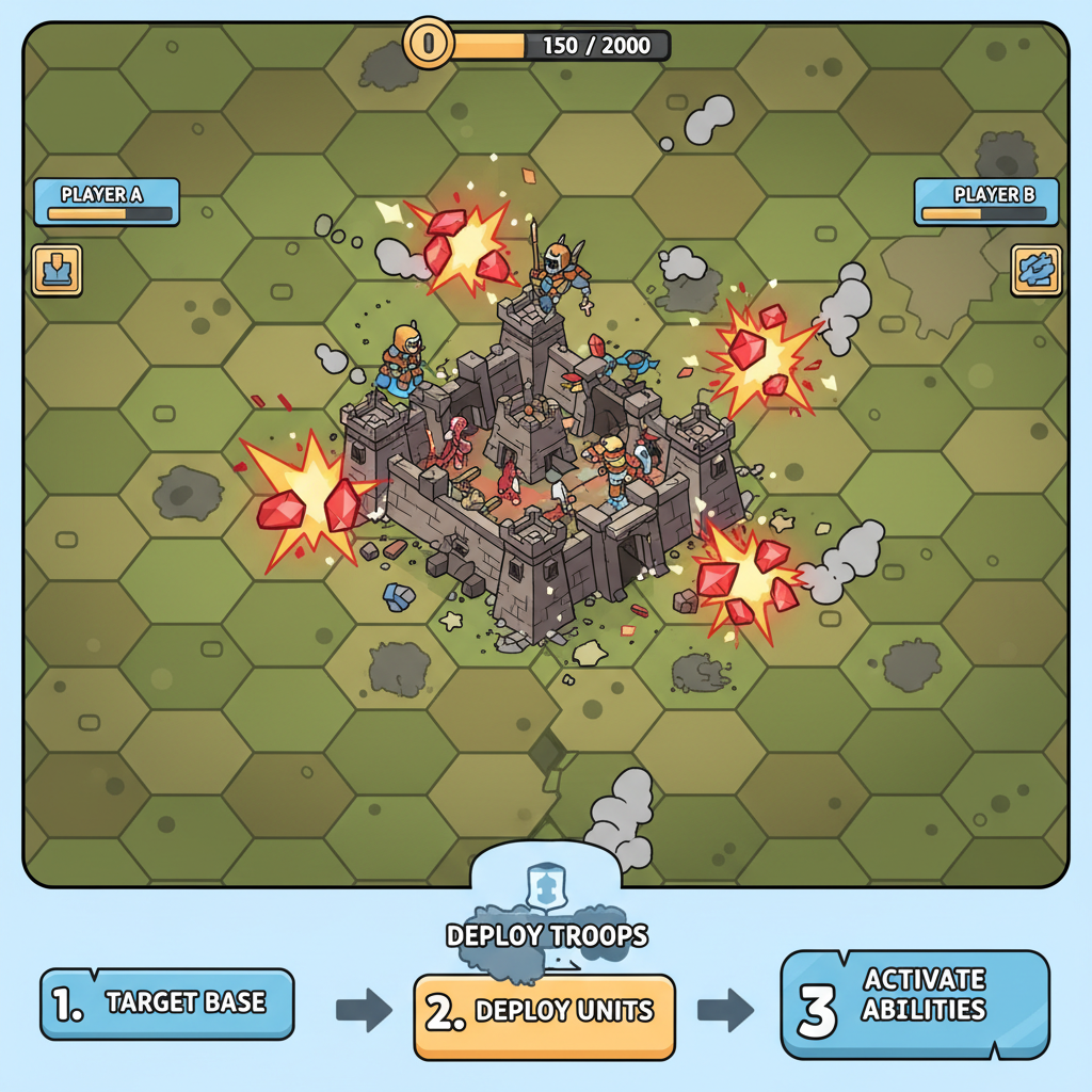 Heroes of Mavia game screenshot, player base under attack in PvP battle, ruby gems exploding, vibrant cartoon style