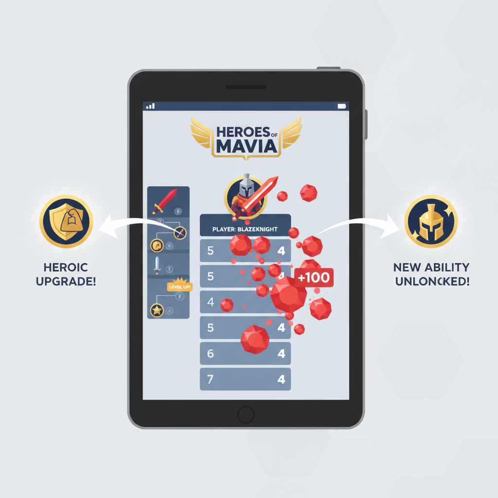 Heroes of Mavia leaderboard climb, player ranking up, ruby rewards popping, heroic upgrades, dynamic game UI