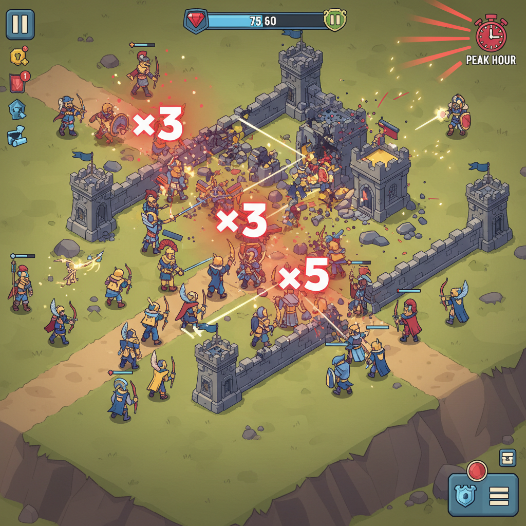 Heroes of Mavia offensive battle scene, ruby multipliers glowing red, peak hour intensity, base attacks, vibrant game art