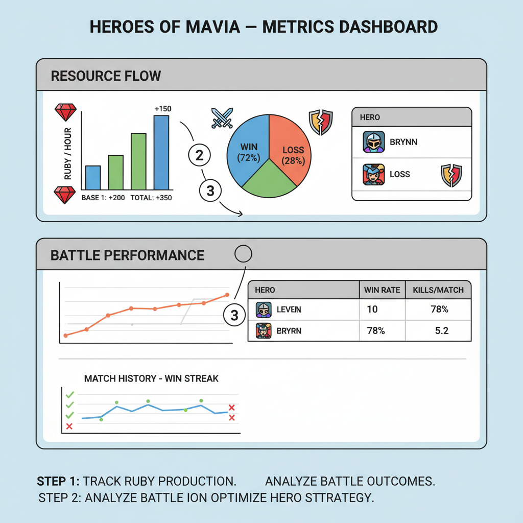 Spreadsheet tracking Heroes of Mavia metrics, ruby per hour graphs, win rate charts, clean data viz with game icons