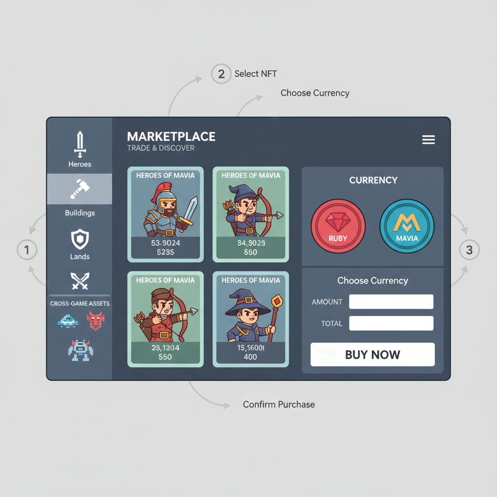 Heroes of Mavia NFT in marketplace, trading interface with cross-game icons, ruby and MAVIA tokens