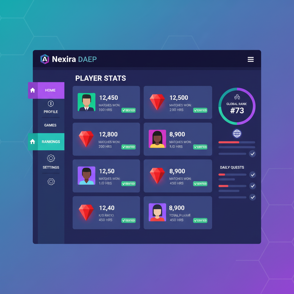 Nexira DAEP dashboard interface, player stats with ruby totals and verified checkmarks, futuristic AI gaming UI