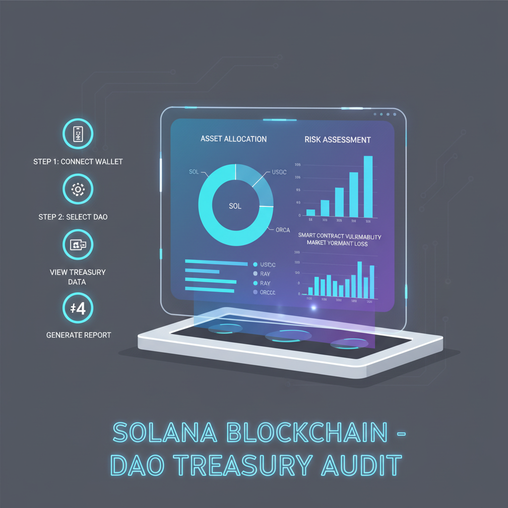 futuristic DAO treasury audit dashboard on Solana blockchain, holographic charts showing assets and risks