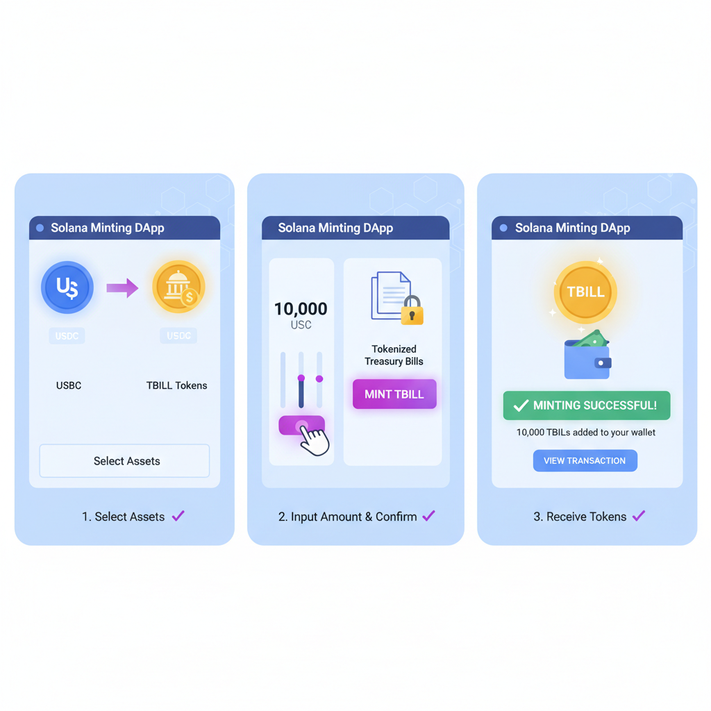 Solana blockchain interface minting TBILL tokens with USDC, glowing treasury bills tokenizing