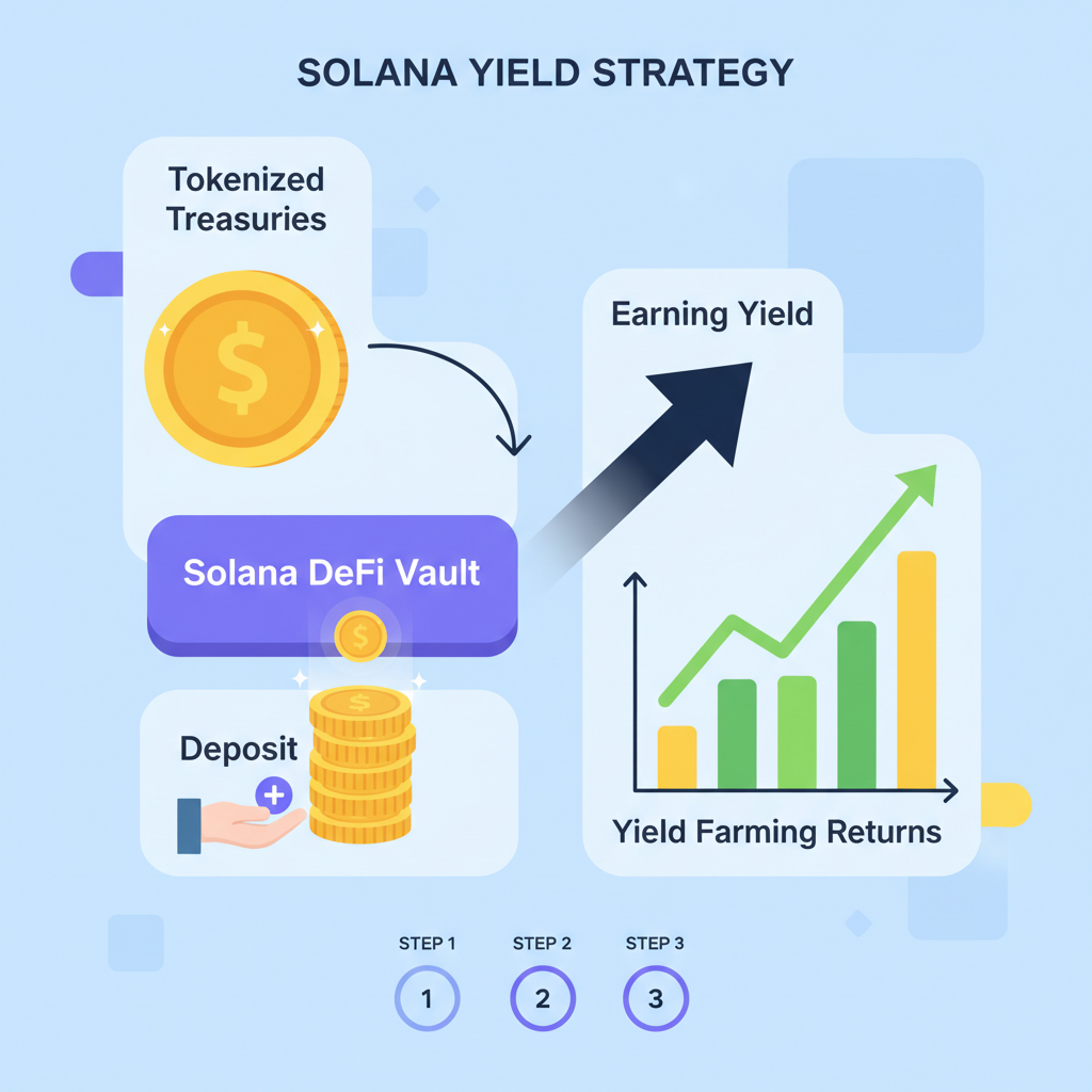 DeFi vault deposit on Solana with tokenized treasuries, yield farming charts rising