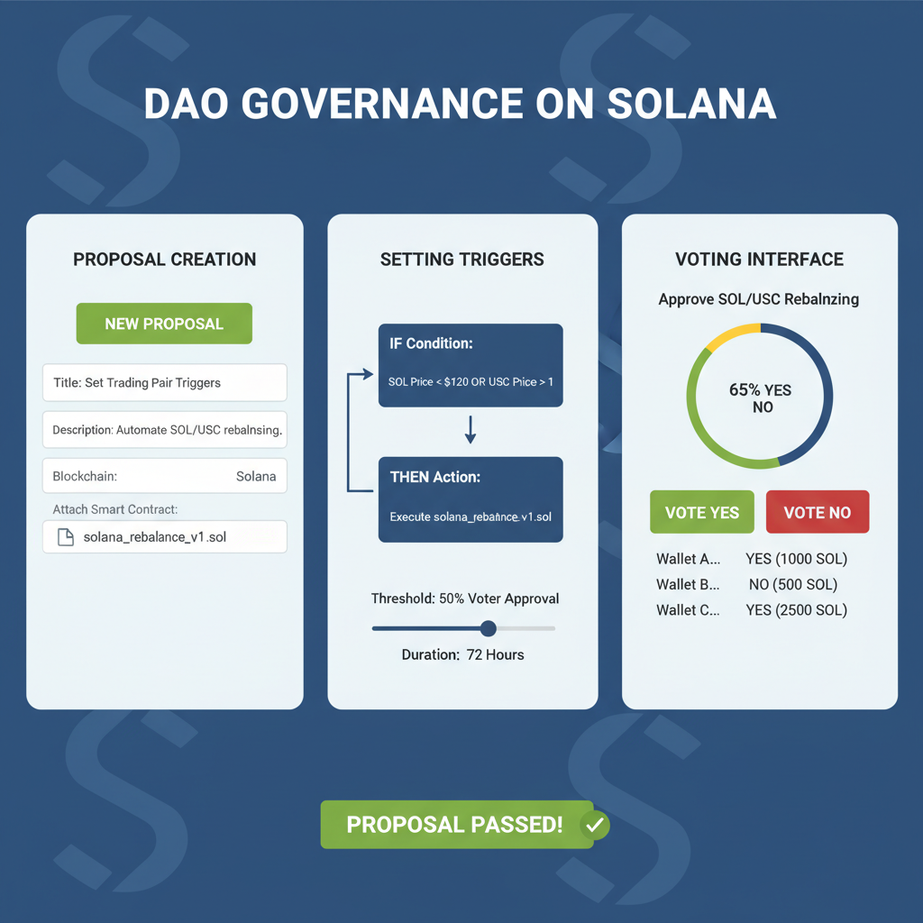 DAO governance dashboard setting triggers on Solana, voting interface with smart contracts