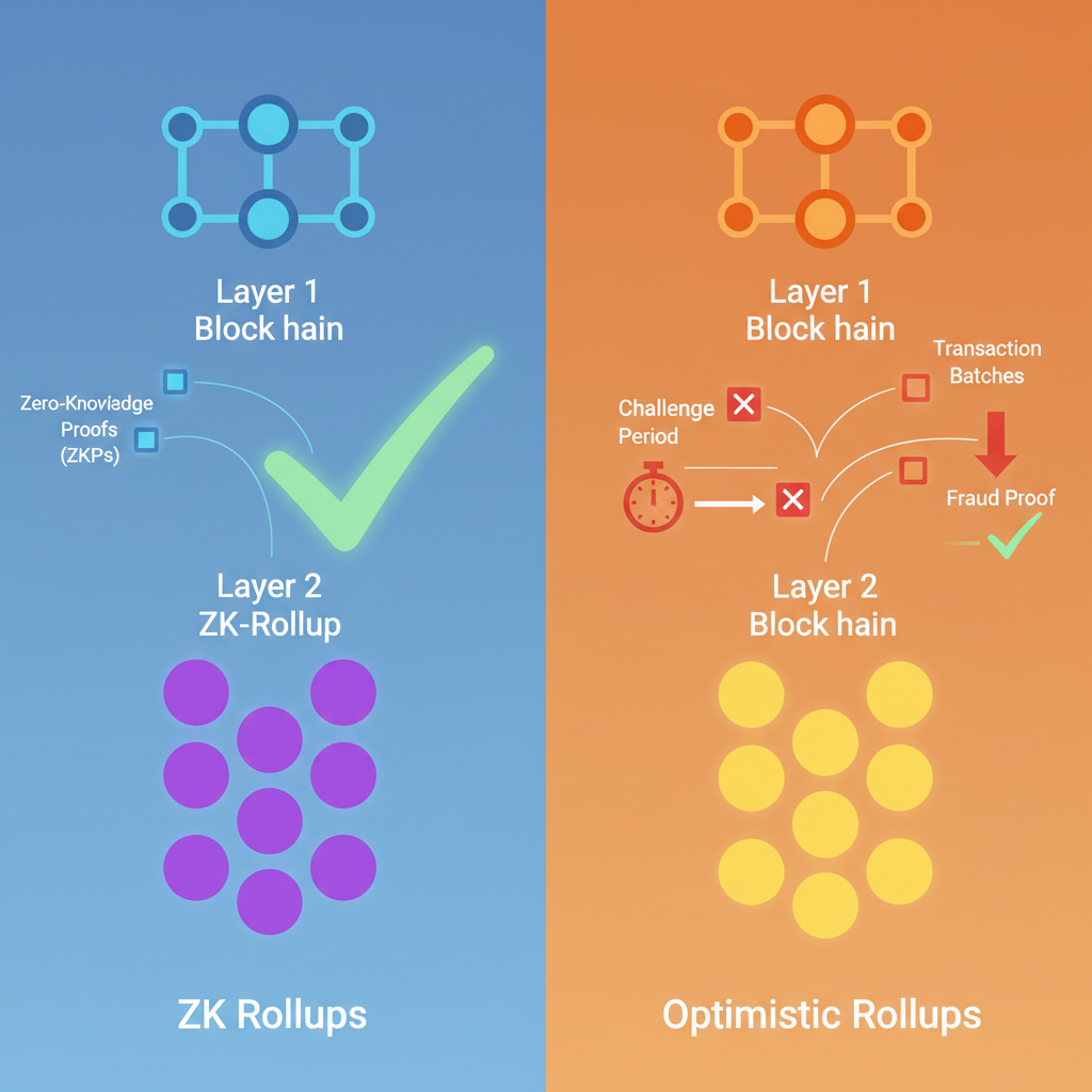 split screen comparing ZK and optimistic rollups, blockchain diagrams, glowing nodes and proofs