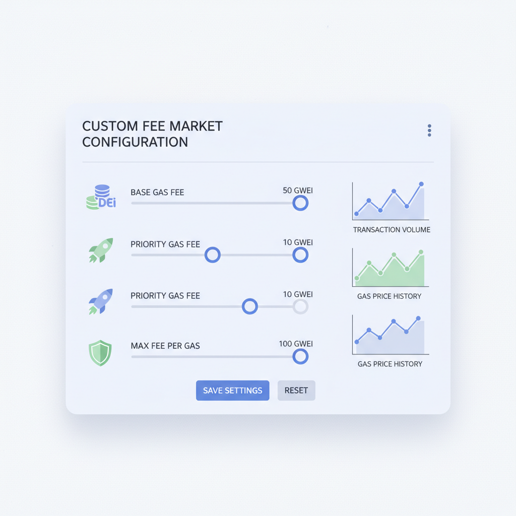custom fee market configuration panel, sliders for gas fees, DeFi icons, technical charts