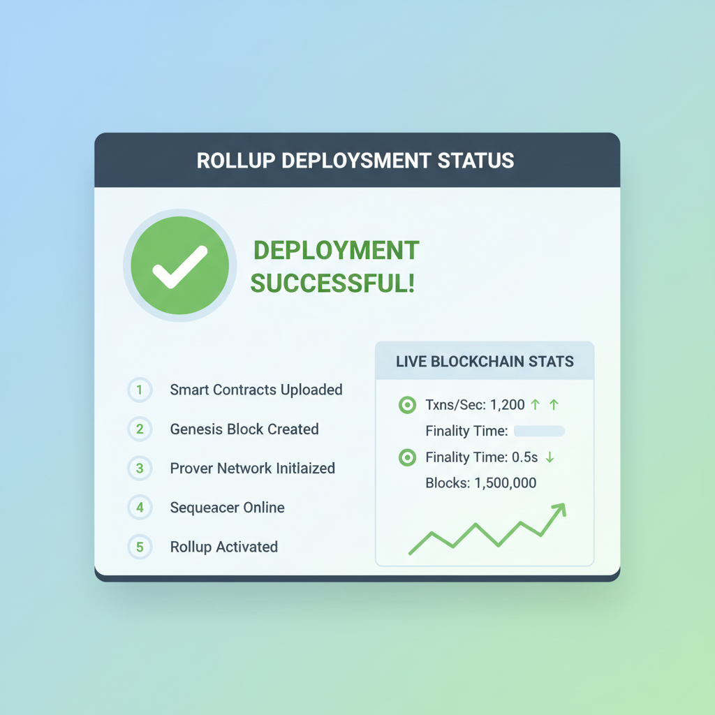 successful rollup deployment screen, green checkmarks, live blockchain stats dashboard