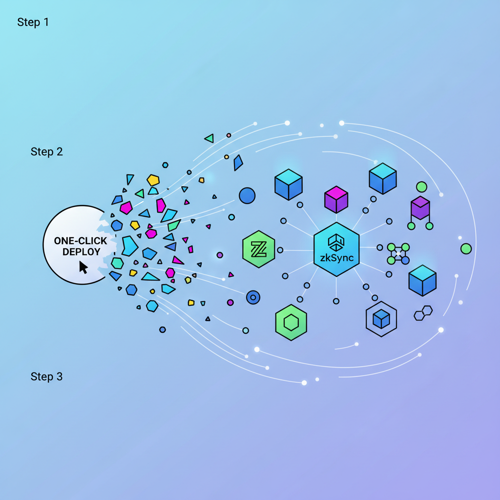 one-click deploy button exploding into blockchain network, zkSync Polkadot logos