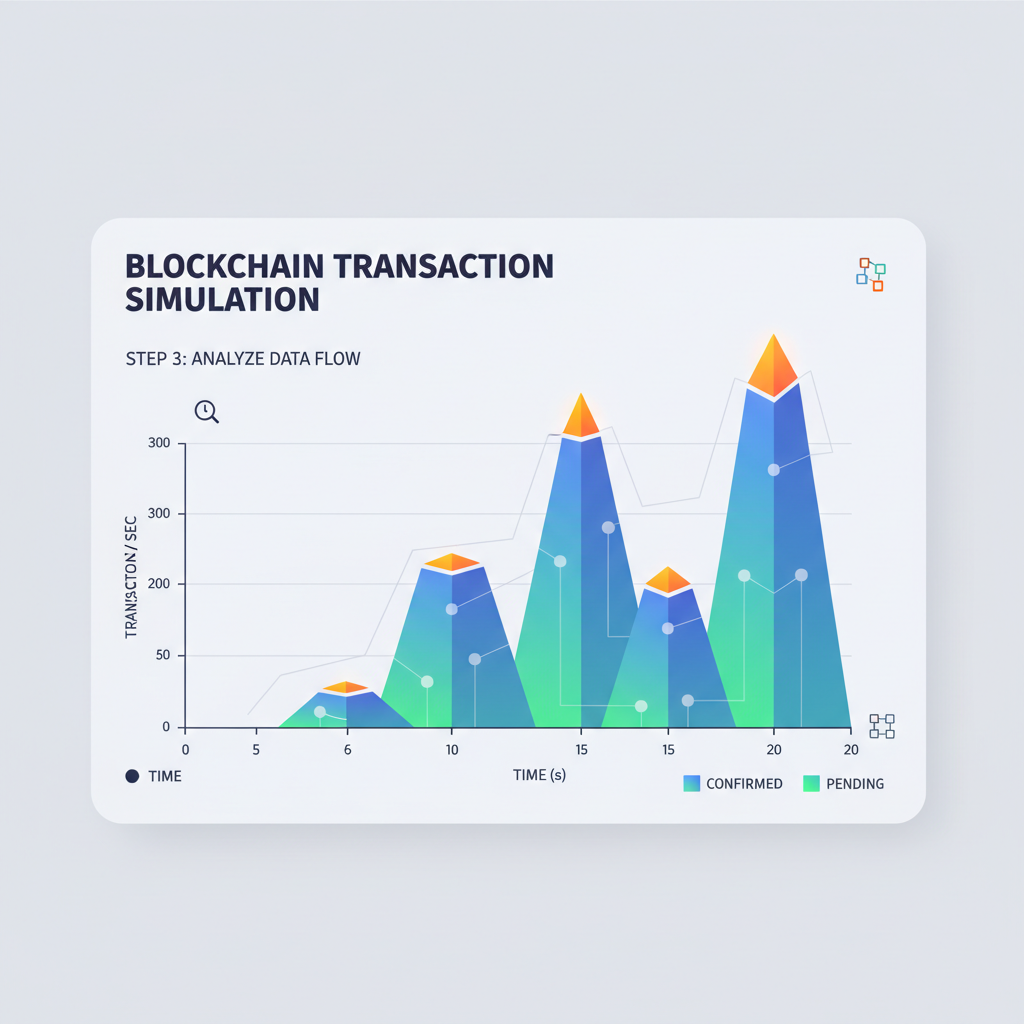 simulation graph of blockchain transactions, rising peaks, data visualization dashboard