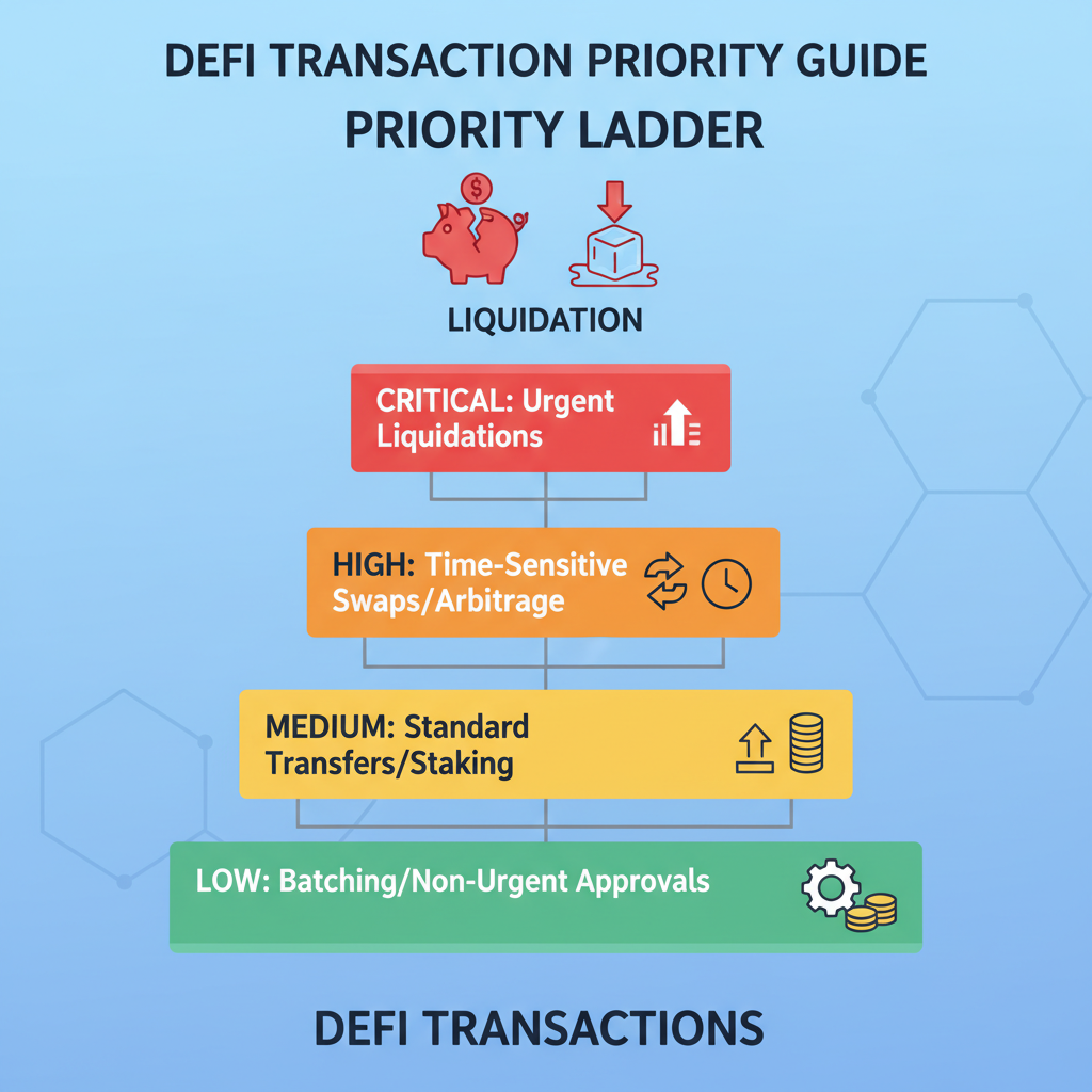 tiered priority ladder for DeFi transactions, liquidation icons top, colorful blocks