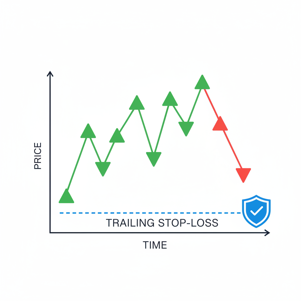 Crypto chart with trailing stop-loss line and shield icon