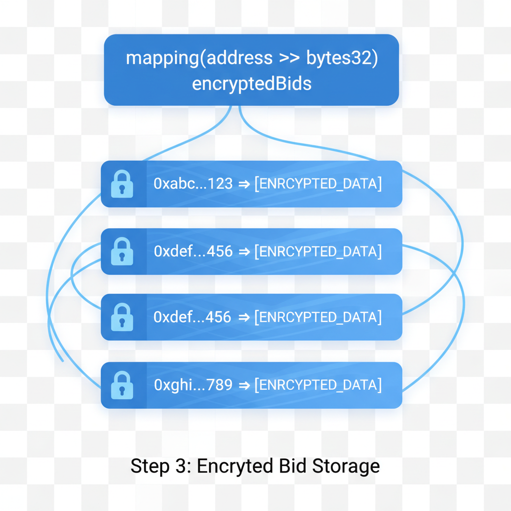 Solidity mapping for encrypted bids, padlock icons on data fields, ethereal blue encryption glow