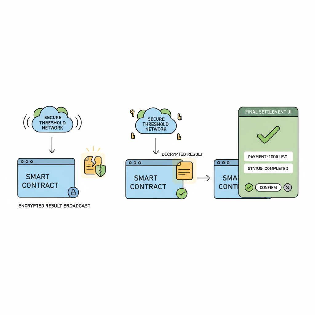 Smart contract receiving decrypted result, secure threshold network icons, final settlement UI