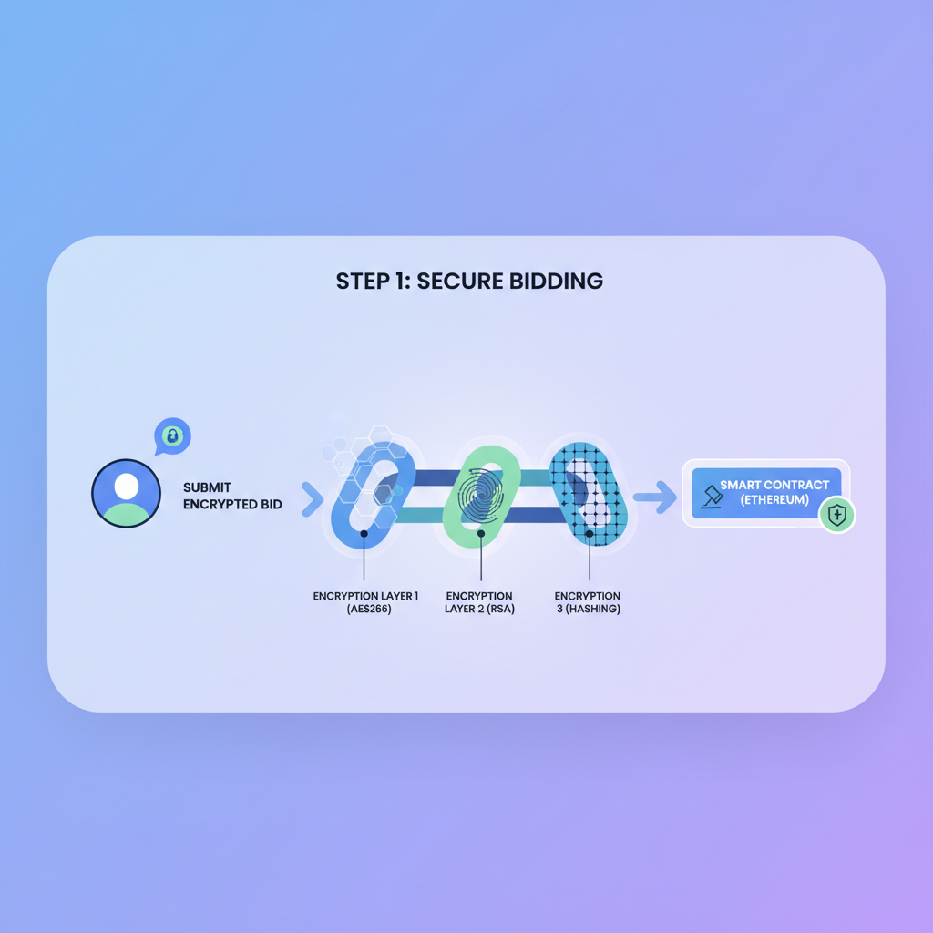 User submitting encrypted bid to smart contract, chain links with encryption layers, professional UI mockup