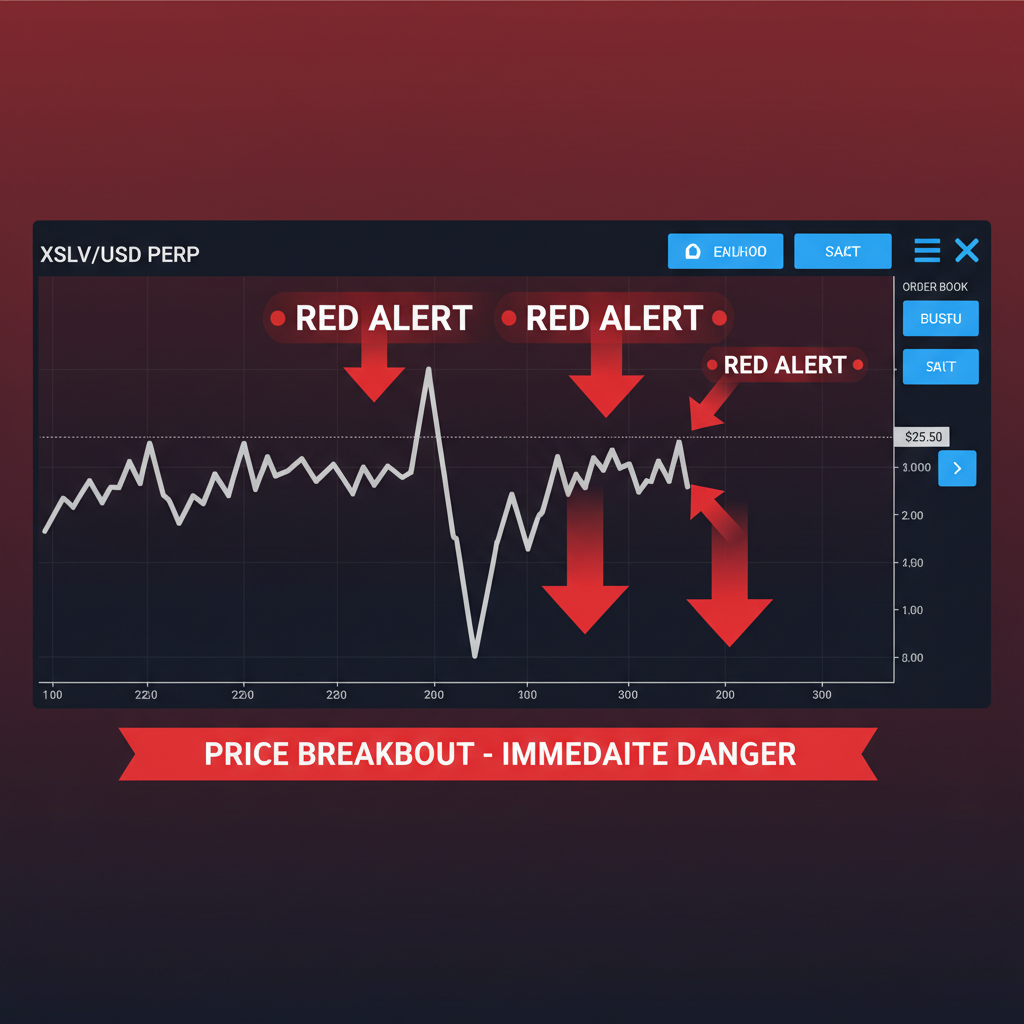 dramatic silver perps chart breaking $25.50 support, red alert arrows, Hyperliquid trading terminal, intense crypto action