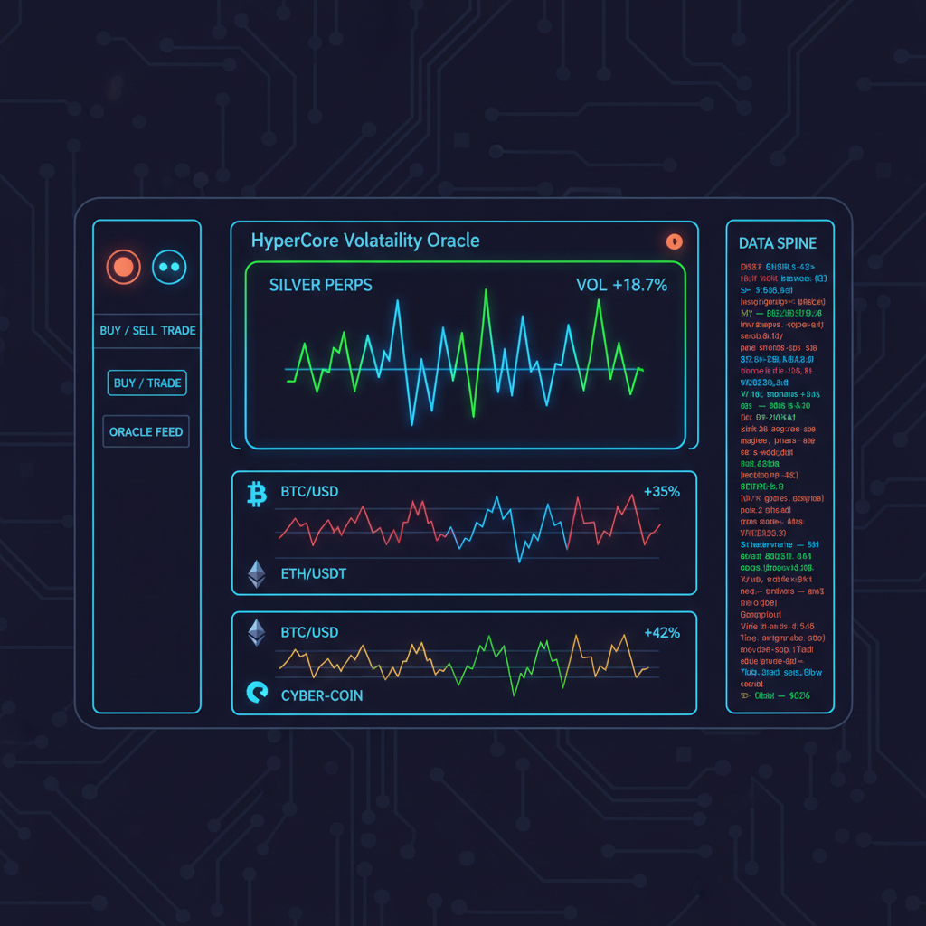 neon trading dashboard displaying HyperCore volatility oracle for silver perps, crypto charts spiking, cyberpunk vibe