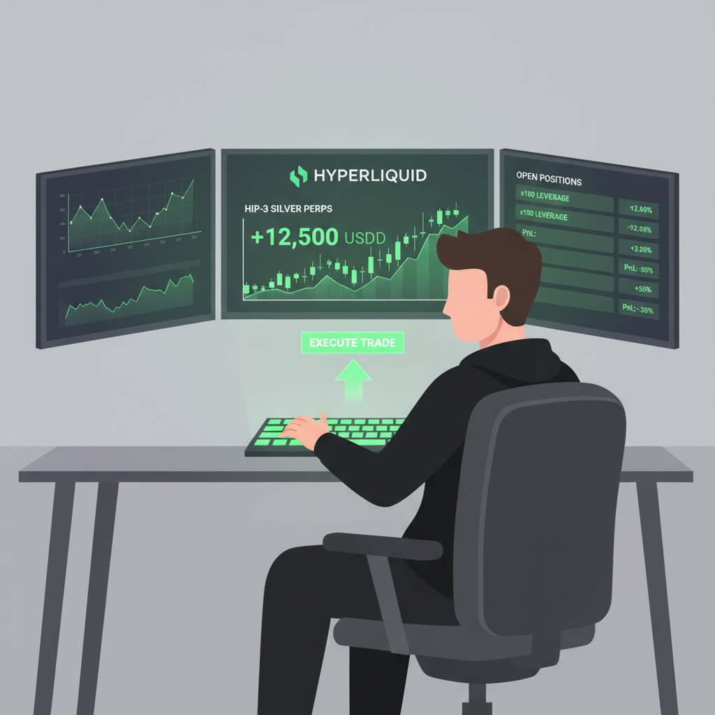 trader executing high-leverage trade on Hyperliquid HIP-3 silver perps, multi-monitor setup with charts, energetic green profits