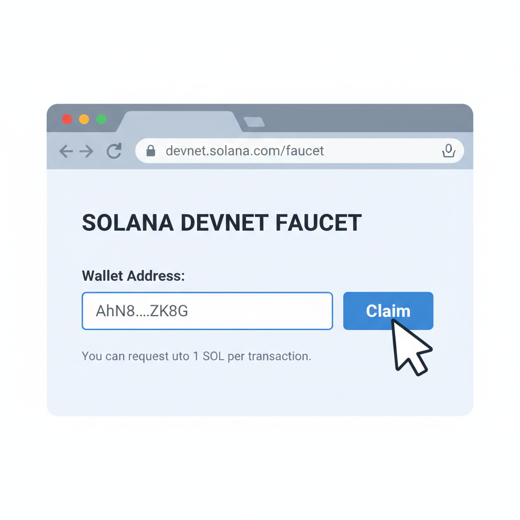 browser screenshot of Solana Devnet faucet page with wallet address entered and claim button, simple web UI