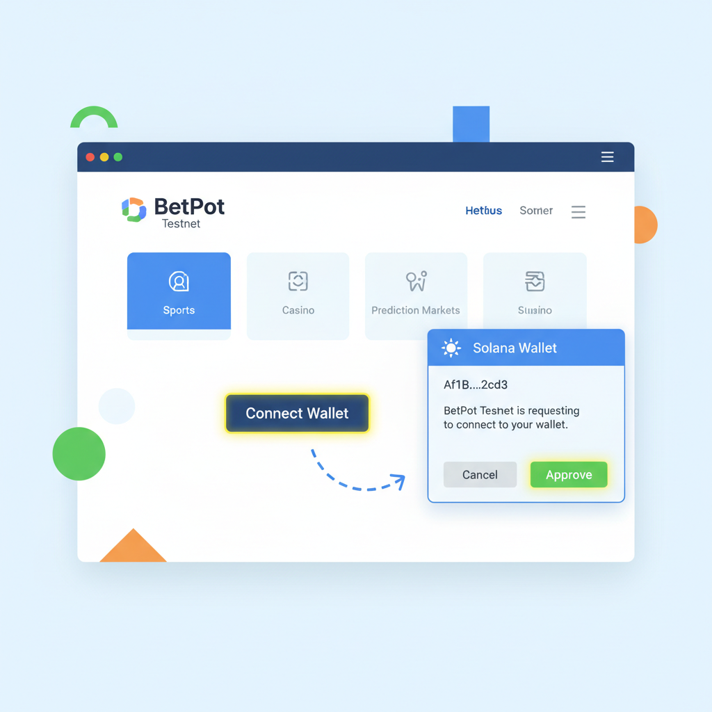 BetPot testnet homepage with connect wallet button highlighted, Solana wallet popup approving connection