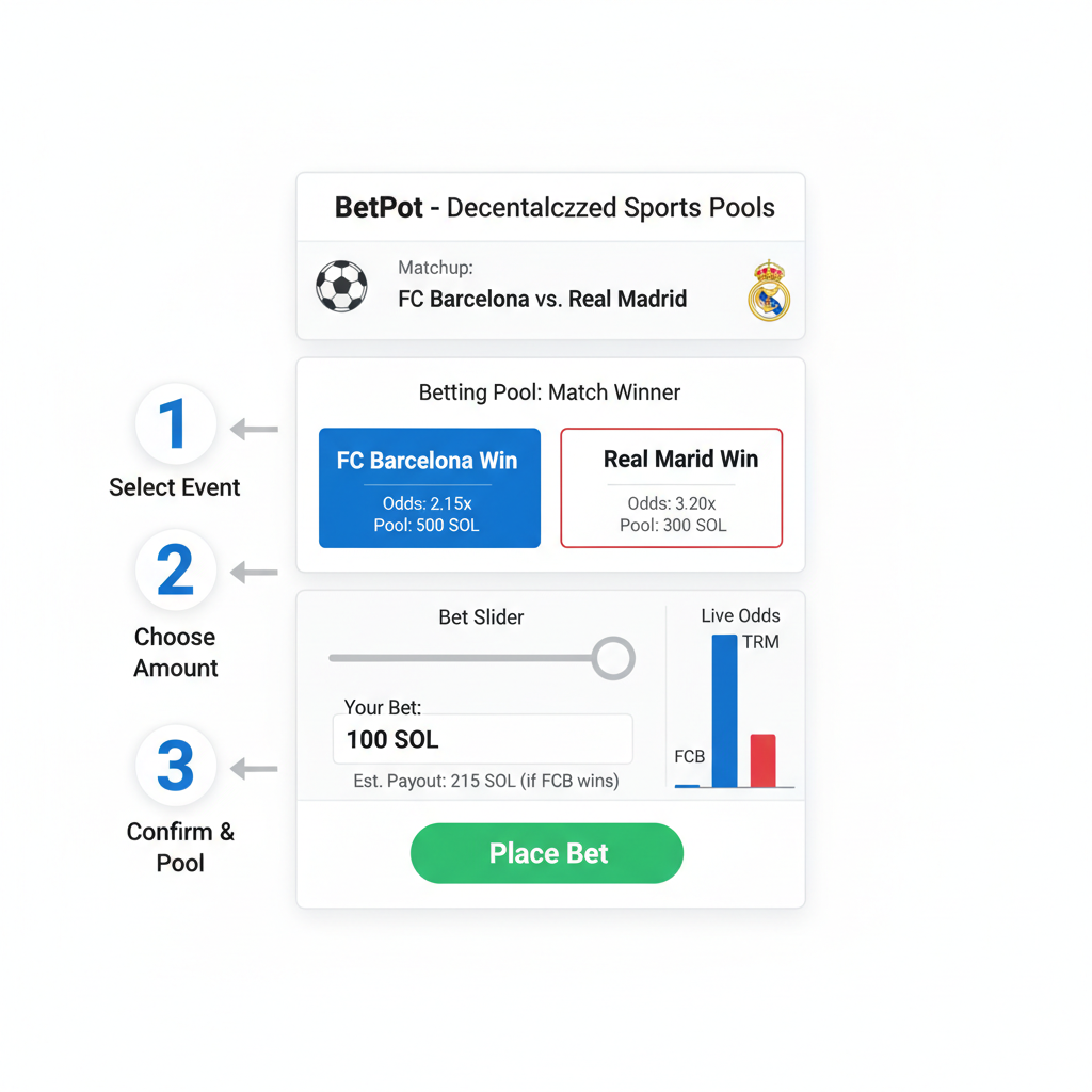 BetPot interface showing mock sports event betting pool, bet slider with test SOL amount, dynamic odds display