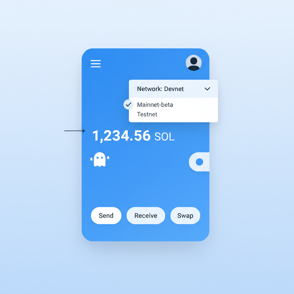 clean Solana Phantom wallet interface with Devnet selected in network dropdown, modern UI, blue tones