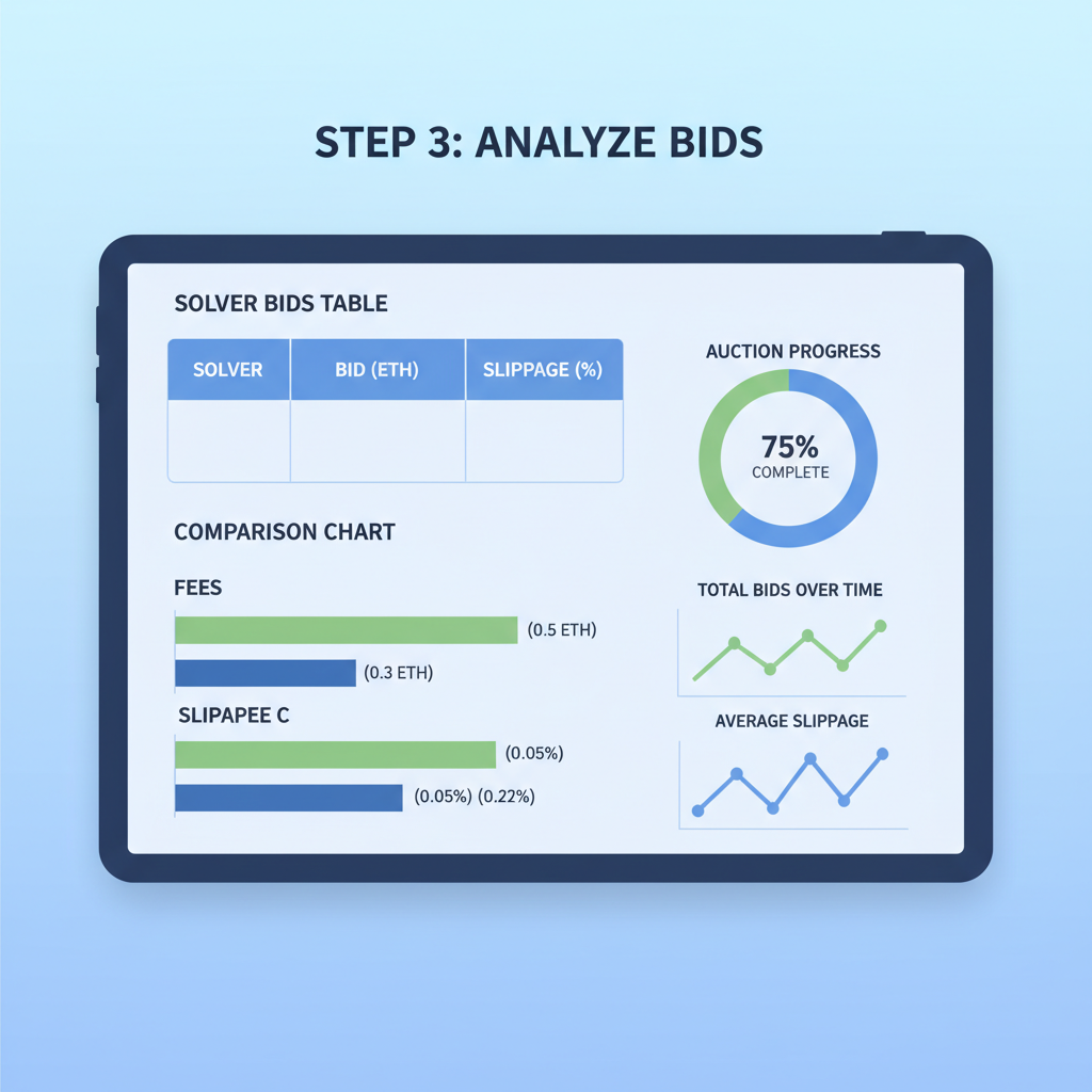 solver bids table, comparison chart fees slippage, competitive auction interface, graphs and numbers, professional dashboard