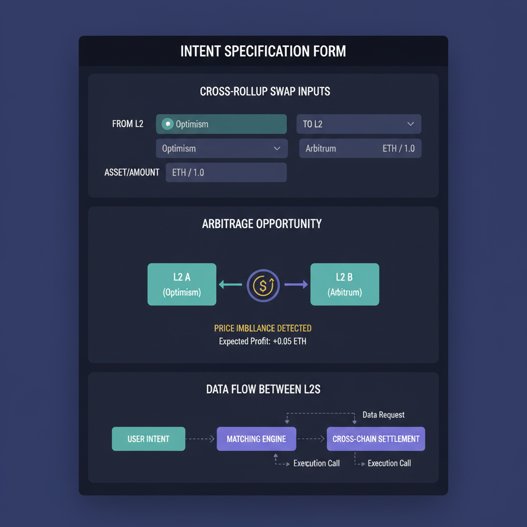 intent specification form, cross-rollup swap inputs, arbitrage opportunity diagram, data flow between l2s, sleek form ui