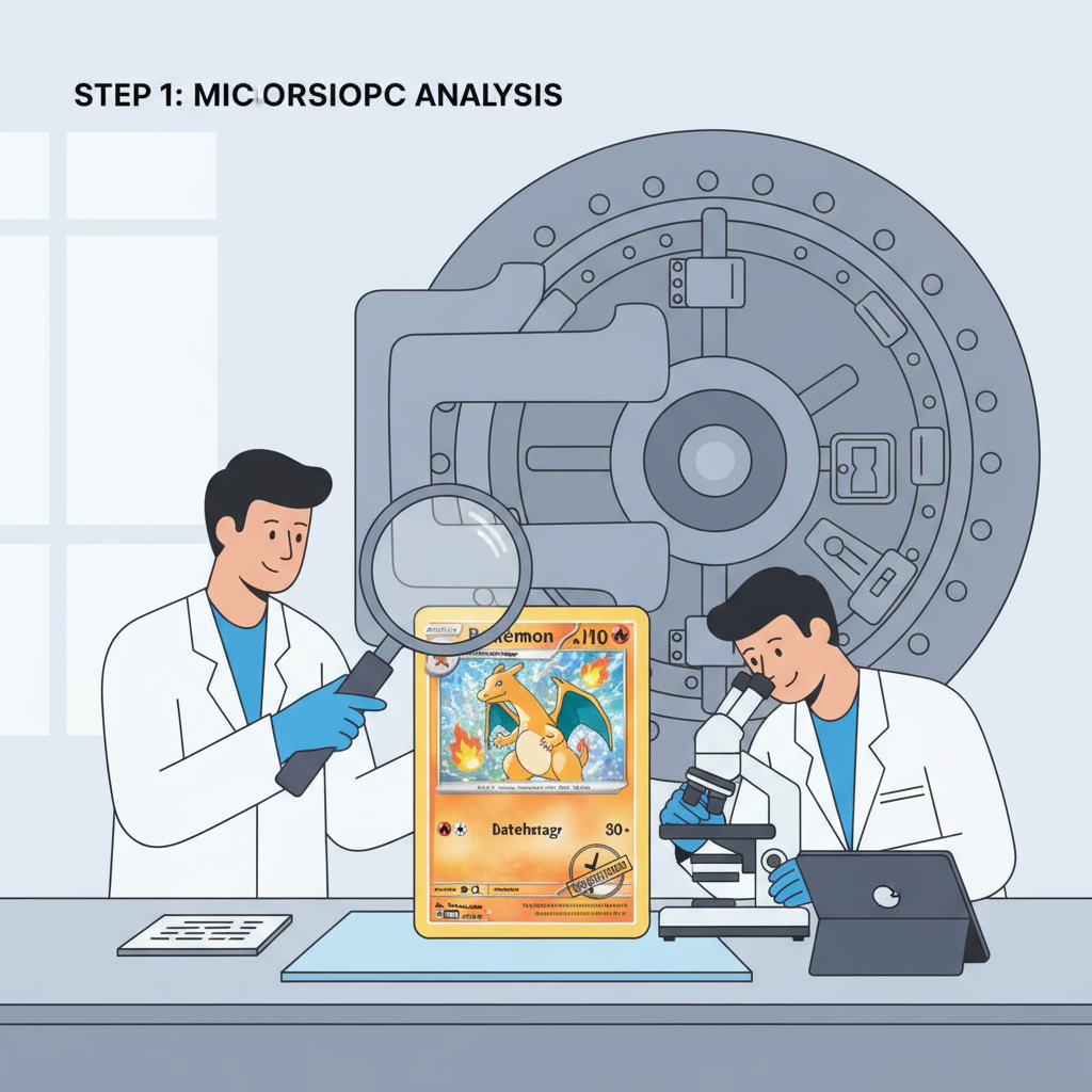 experts in lab authenticating Pokemon card under magnification, secure vault in background, precise and professional