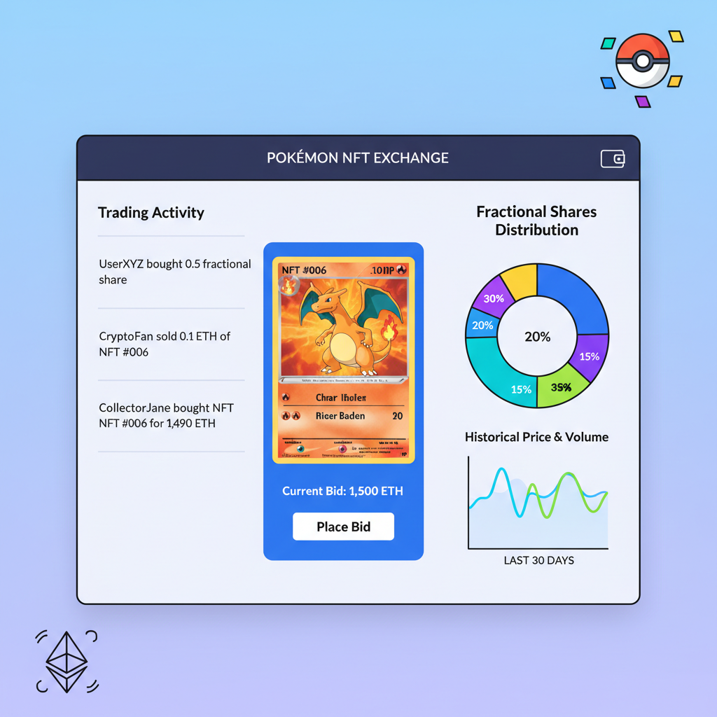 NFT marketplace interface showing Pokemon card listing, trading activity, fractional shares graph, vibrant digital