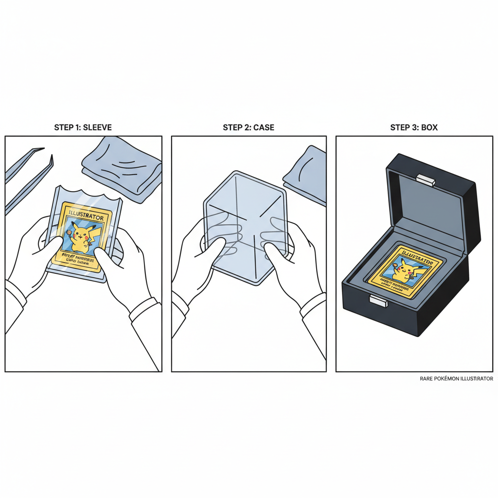 person carefully packaging rare Pokemon Illustrator card in protective sleeve and box, professional setup, detailed